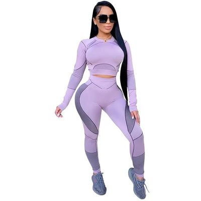 Seamless Sportswear Yoga 2 PCS Set Women GYM Clothes Jogging Workout Fitness Tracksuit Long Sleeve Crop Top Leggings Active Suit-4