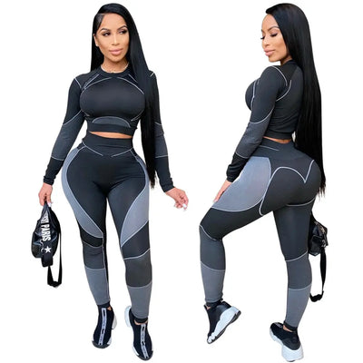 Seamless Sportswear Yoga 2 PCS Set Women GYM Clothes Jogging Workout Fitness Tracksuit Long Sleeve Crop Top Leggings Active Suit-3