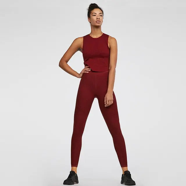 Seamless Sportswear Yoga 2 PCS Set GYM Fitness Sports Tracksuit Ribbed Tank Top Hips Lifting Leggings Two Piece Set-1