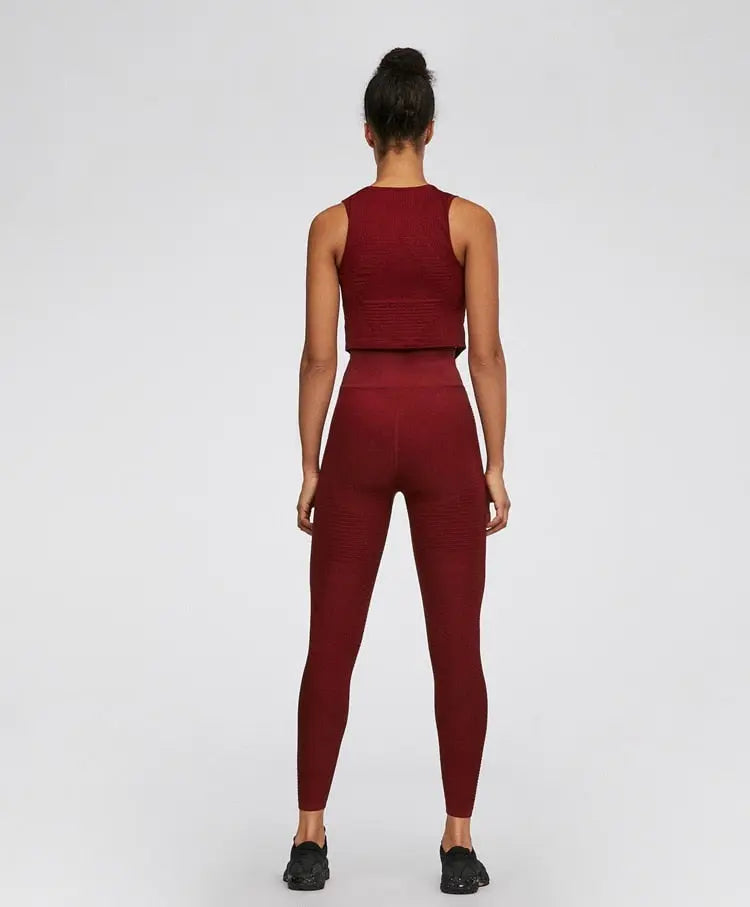 Seamless Sportswear Yoga 2 PCS Set GYM Fitness Sports Tracksuit Ribbed Tank Top Hips Lifting Leggings Two Piece Set-2